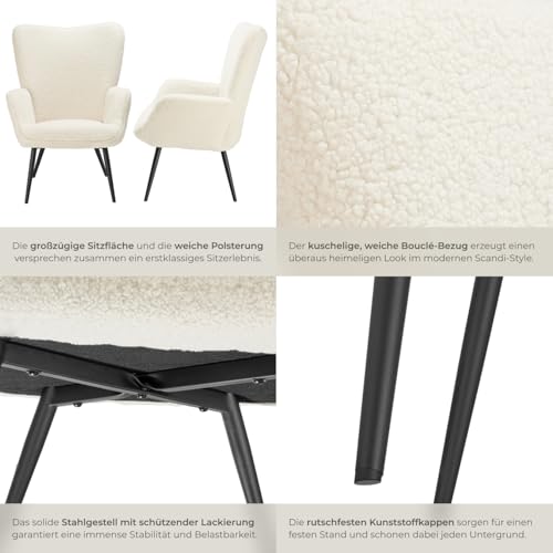tectake® Skandinavischer Stil Ohrensessel, Teddy Sessel Hygge, Bouclé Sessel Wohnzimmer, Schlafzimmer, Statement Piece Loungesessel, belastbar bis 150 kg