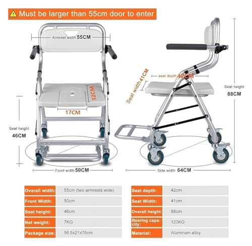 Silla móvil para baño, altura ajustable, aleación de aluminio, silla plegable para personas mayores, silla de ducha, cubeta para inodoro, silla de transporte con frenos en 4 ruedas (360°)(A) miniatura 5
