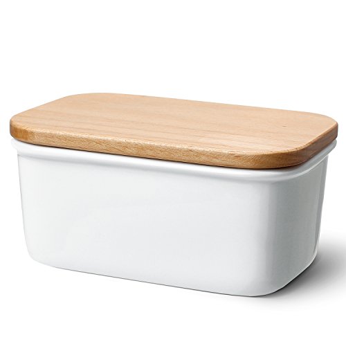 Sweese 301.101 Large Butter Dish - Porcelain Keeper with Beech Wooden Lid, Perfect