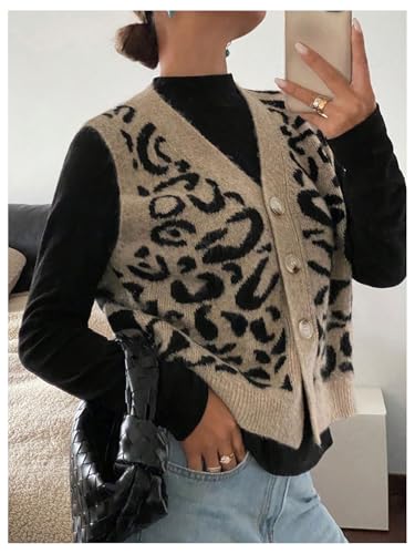 GORGLITTER Women's Leopard Button Up Sweater Vest Cheetah Print Sleeveless Office Knit Trendy Vests Top3