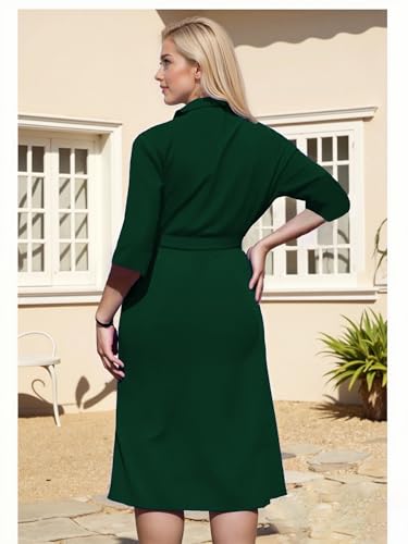 Image of Hostoyo Women's Plus Size Pleated Midi Dress Comfortable Suit Collar 3 /4 Sleeve Belted Casual Formal Work Church