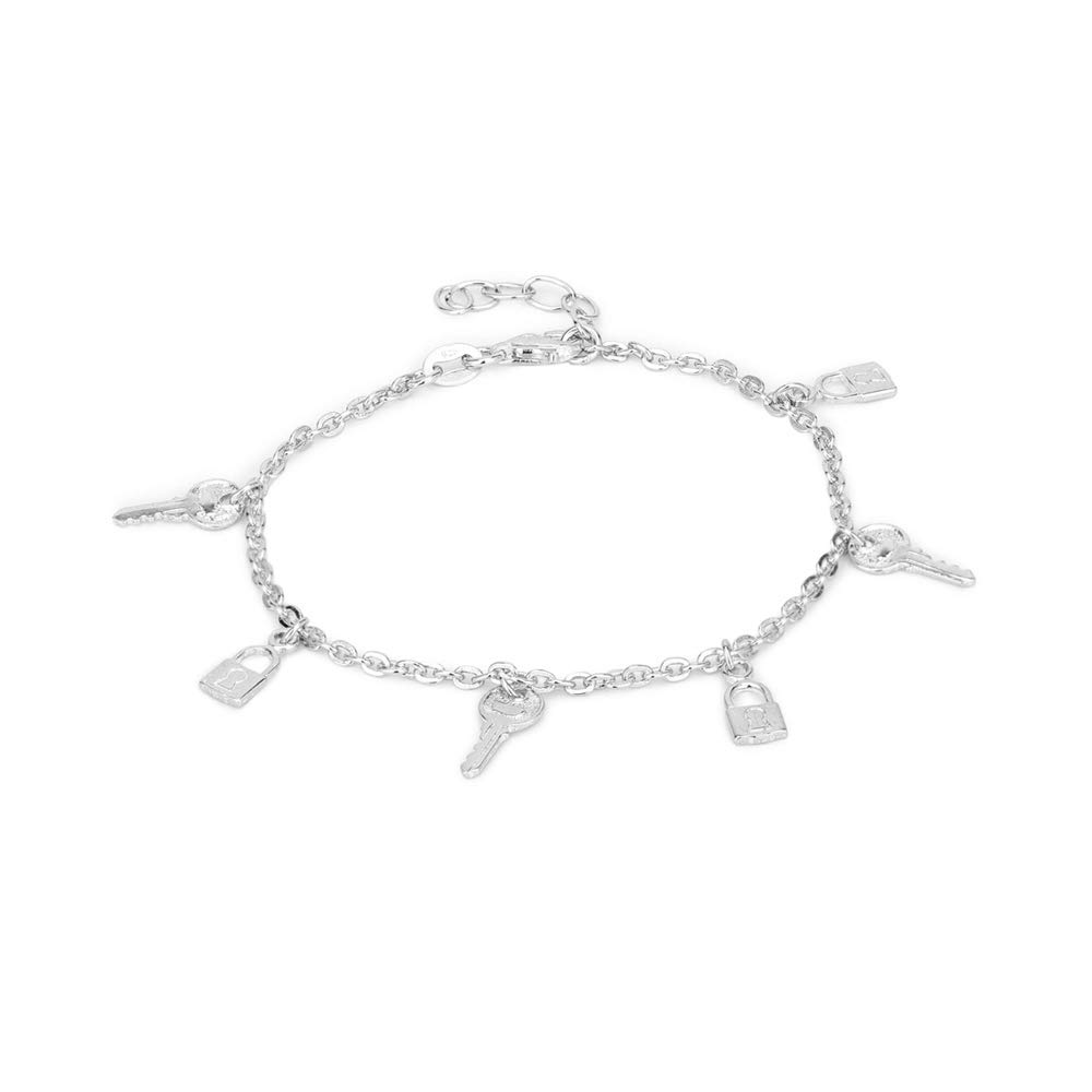VanbelleSterling Silver Jewelry - Rhodium Plated with 925 Stamp - Dangling Lock & Key Charm Bracelet - Beautifully Handcrafted for Women - 6.5" Long + 1" Extender