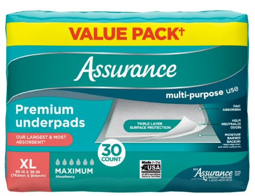 Assurance Unisex Premium Underpad Maximum Absorbency Extra Large 30 x 36 (30 Count)