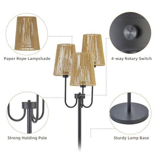 RORIANO Boho Floor Lamp for Living Room, 3-Light Rotary Switch Farmhouse Standing Bedroom Lamp with Rattan Shade, Tall Floor Lamps for Rustic, Coastal, Beach or Bohemian Decor, 3 LED Bulbs Included - Image 8