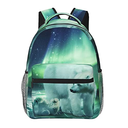 Sac d'école grande capacité Northern Lights Bear noir avec port USB confortable et durable