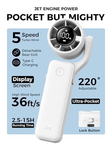 Image of Aecooly Ultra-Pocket Portable Handheld Turbo Fan, 5 Gear Jet Force Airflow, Up to 15 Working Hours, USB Rechargeable Personal Battery Operated Mini Fan, for Travel /Outdoor /Vacation /Concerts -White
