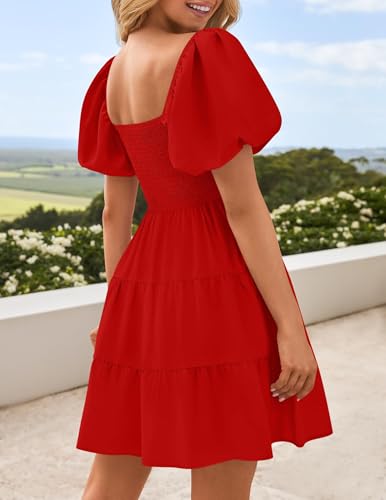 Image of ZESICA Women's Boho 2026 Summer Square Neck Puff Sleeve Off Shoulder Smocked Tiered Casual A Line Short Mini Dress