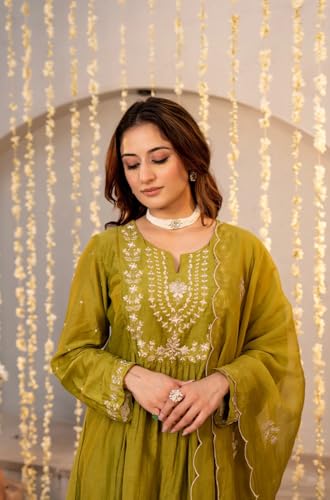 Image of Women Chanderi Silk Embroidered Kurta Pant Dupatta Set | Ethnic Wear | 2.25m Dupatta | S-XXL | Green & Teal Blue