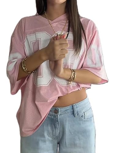 SANSIWU Shirts für Damen, Y2k, übergroße Zahlen-Grafik, V-Ausschnitt, kurzärmelig, Trikot-T-Shirt, Vintage, 90er-Jahre-Streetwear, F-pink, S