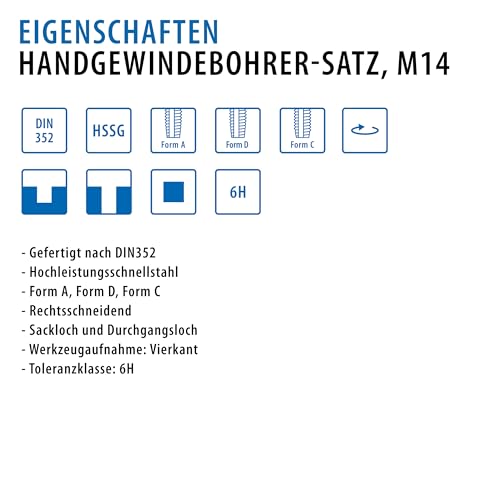 GSR PROFI Gewindebohrer M14 Satz HSSG 3 teilig, Geschliffen, Vorschneider, Mittelschneider & Fertigschneider, Gewindeschneider M14, metrische Feingewinde