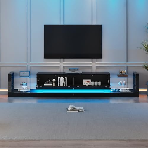 BTM Meuble TV Noir avec LED, avec Tiroirs et Compartiments, Banc TV en Verre pour Salon, Charge 50kg, pour Télé de 80 Pouces, 180x38x38cm, Noir