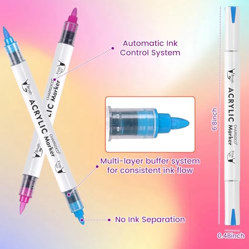 Image of Acrylic Paint Markers, 12 Colors Dual Tip Acrylic Paint Pens, Water-Based No-Bleed Markers with Automatic Ink Control System, Bullet & Brush Tip, Works on Paper, Wood, Ceramic, Rock