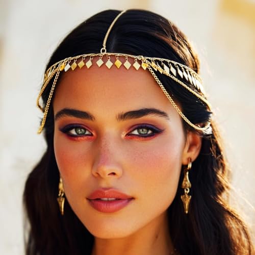 GORAIS Sequin Head Chain Gold Egyptian Costume Headpiece Boho Chain Headband for Women