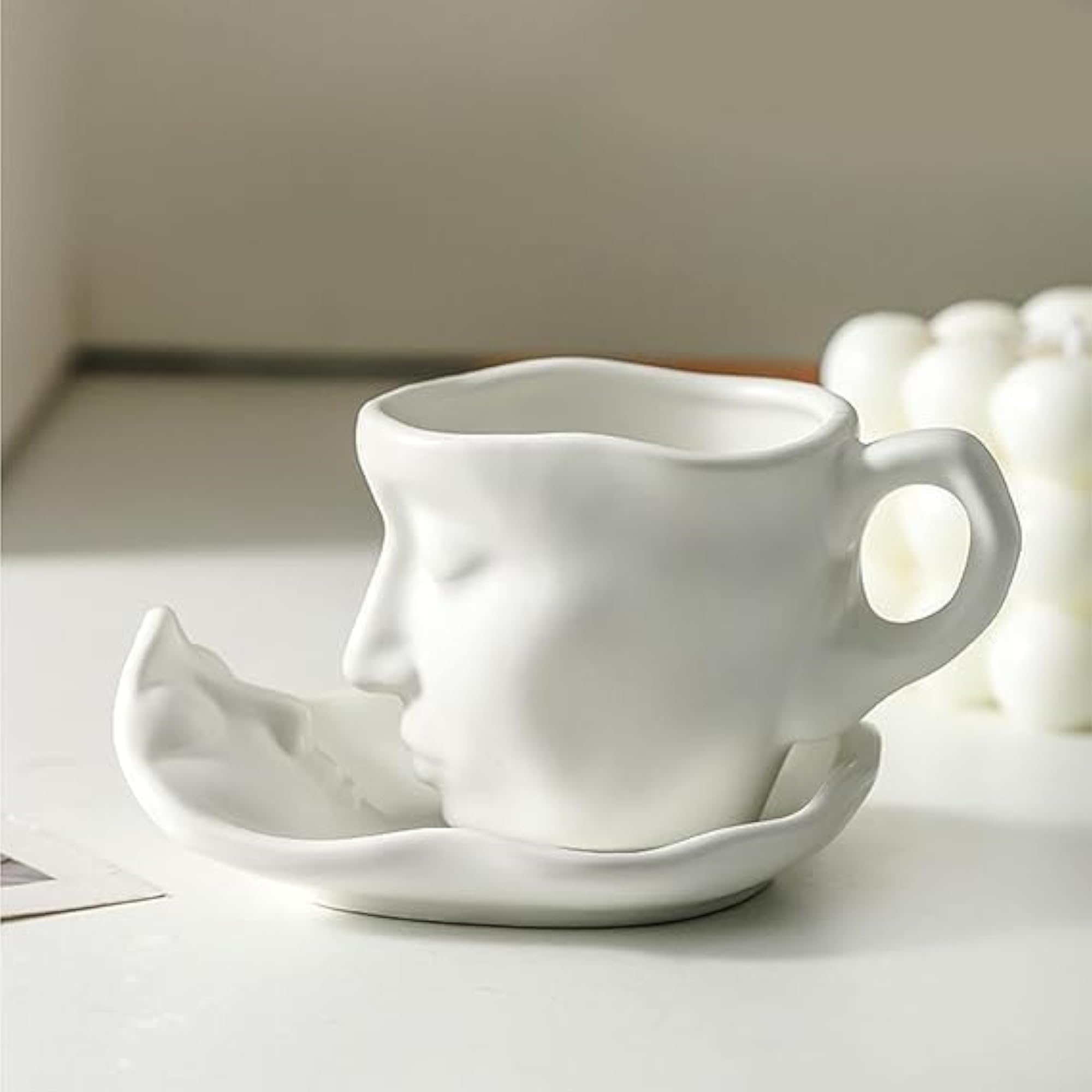 Unique Face Coffee Cup Set, Artistic Ceramic Mug with Saucer