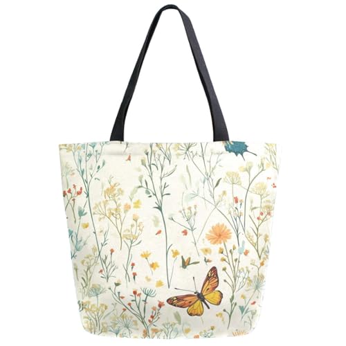 Fashion Extra Large Shoulder Tote Bag, Vintage Wildflowers Butterflies Floral Canvas Durable Daily Weekender Handle Bag Ideal for Gym Picnic Yoga Beach Travel Kitchen Market Grocery Shopping