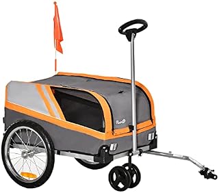 PawHut Dog Bike Trailer 2-in-1 Trolley Stroller Cart Bicycle Carrier for Cat Puppy Travel w/ Reflectors Hitch Coupler Red Flag - Orange