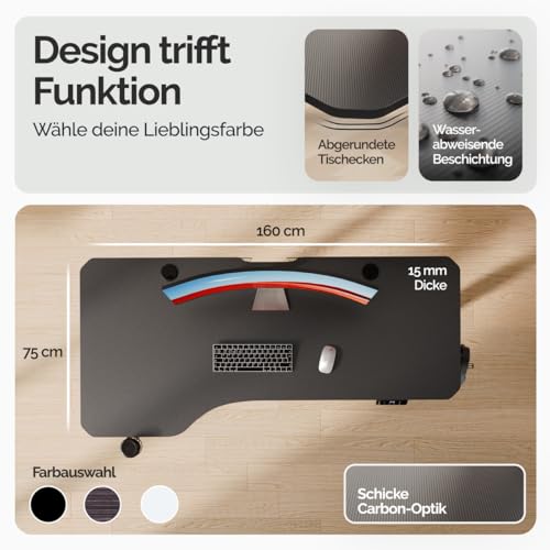 Casaria® Höhenverstellbarer Schreibtisch 160x75 cm elektrisch mit Kopfhörerhalter Tassenhalter Modern Büro Gaming PC Computer Tisch Schwarz Carbon-Optik – Bild 6