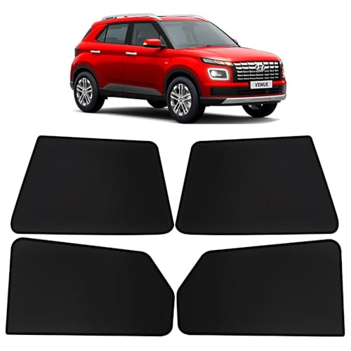 Image of OTO2EYE Car Sun Shade Compatible for Hyundai Venue Model 2022 Onwards, Z-Black Fix Type Side Window Curtains, Only Half Cut in Front Window, 4 Pieces Set