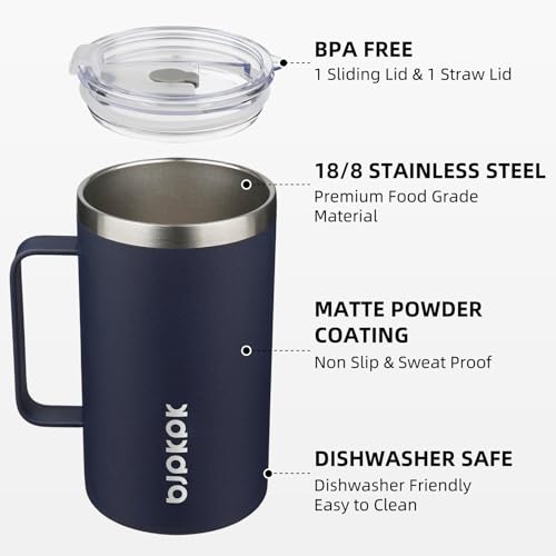 Image of BJPKPK 25oz Insulated Coffee Mug with Handle, Stainless Steel Travel Mug | Keeps Drinks Hot & Cold, Double Wall Vacuum, 2 Lids Included, BPA-Free Coffee Tumbler for Home, Office & Travel