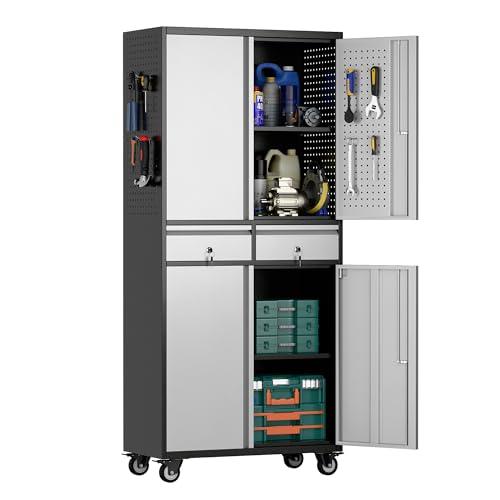Image of Aobabo Garage Storage Cabinet with 2 Drawers, Metal Storage Cabinet with Wheels for Garage Home,Assembly Required,Black&Silver