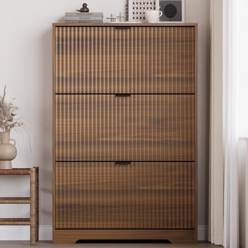 Image of BORNOON Entryway Shoe Cabinet with 3 Flip Drawers, Narrow Shoe Organizer Cabinet with Fluted Panel and Adjustable Shelves for Foyer, Hallway