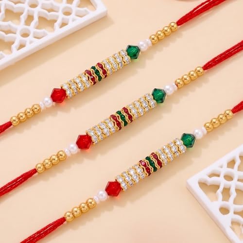 Image of Peora Om Shree Ram Swastik Rakhi for Brother Bhaiya | Crystal & Beads Studded | Red Thread | Raksha Bandhan Hamper with Roli Chawal Greeting Card