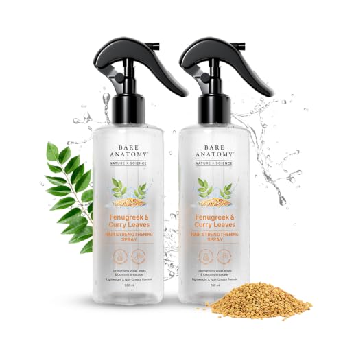 Image of Bare Anatomy Nature x Science Fenugreek and Curry Leaves Hair Spray | Strengthens Roots & Controls Breakage | Lightweight & Non-Sticky Formula | Maintains Natural Shine & Smoothness | 200ml (Pack of 2)