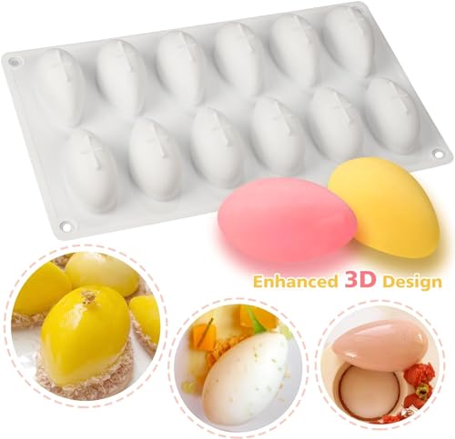 Image of 12 Cavity Silicone Baking Moulds - Quenelle & Rugby Shape Dessert Chocolate Moulds for Cake, Mousse, Candy, Ice Cubes & Jelly - Reusable Non-Stick Easy Release Molds