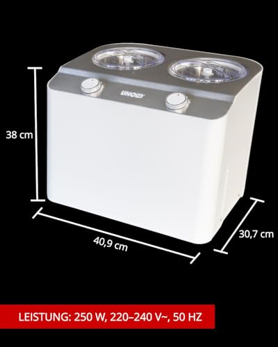 Unold 48830 Doppio Eismaschine, Speiseeisbereiter mit Kompressor inkl. 2 Eisbehälter, Sahneeiscreme in ca. 30 Minuten, 250 Watt, Weiß – Bild 6