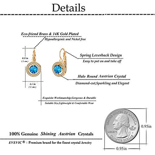 Austrian Crystal Halo Round Leverback Drop Earrings For Women 14K Rose Gold Plated Hypoallergenic Jewelry (Light Blue) #TOP3