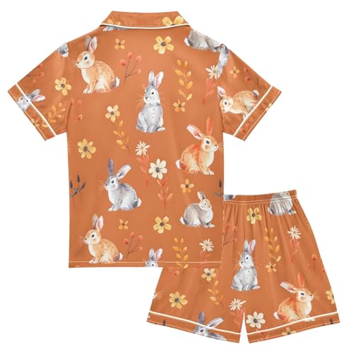 ALAZA Bunny Rabbit Flower on Orange Pajamas Satin Pajama Set Short Sleeve Button Down Sleepwear2
