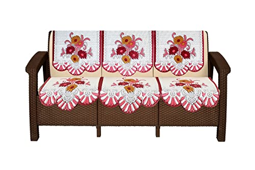 Image of The Furnishing Tree Cotton Floral Knitted Pattern 6 Pieces 3 Seater Sofa Cover Set Maroon