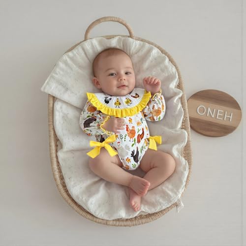 Newborn Baby Girl Farm Clothes Chicken Print Onesie Smocked Bubble Romper Long Sleeve Bodysuit Country Fall Outfit2