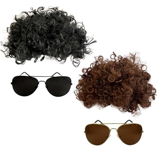 Cossneer 4Pcs Afro Wig Halloween Costume Curly Wig Men Short Black Brown Wig 70s 80s Rocker Wig with Glasses for Halloween Cosplay Party