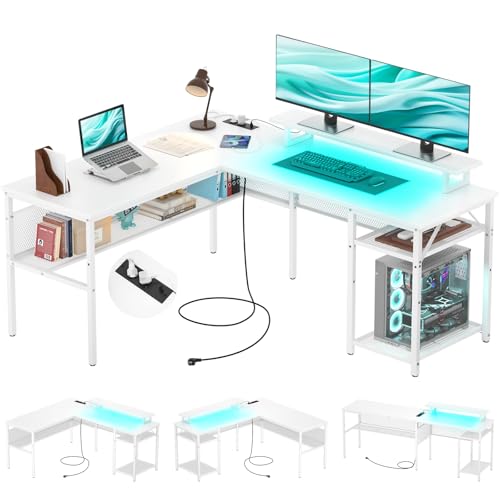 iSunirm Escritorio de Esquina Ordenador,140 x 116 x 76cm Escritorio en L con Enchufes y Puerto de Carga USB,Mesa en L con Estante para Monitor para Oficina en Casa,Blanco