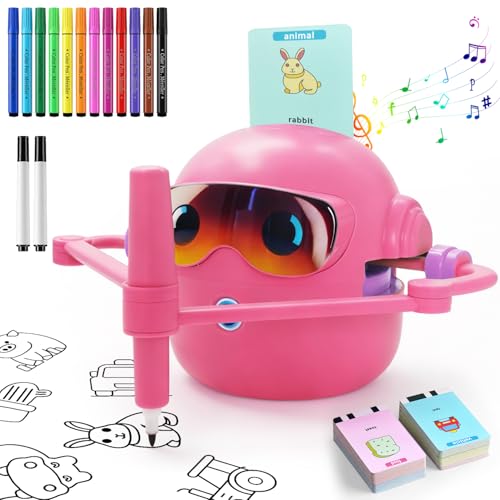 KRYSTHIA Drawing Robot for Kids Voice Interactive Educational Drawing Machine with 100 Word Cards & 12 Colour Pens Montessori Learning Toy for Ages 3-8 for Boys & Girls (Pink)