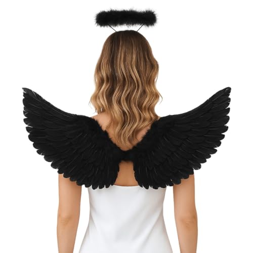 Kit Fantasia Asa De Anjo E Tiara Com Led Carnaval Festa Halloween Adulto Bloquinho (Preto)