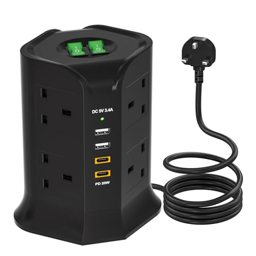 Tower Extension Lead with 2Usb Slots 2Type-C PD Fast changer, SAFEMORE UK Socket 8-Gang|8 Way Outlet Multi Plug [13A 3250W] Surge Protector Power Strip 4.5A 9.84Ft/2M Power Cord for Office, Kitchen