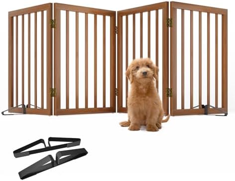 Freestanding Dog Gate For Doorways - 4 Panel Wooden Room Divider, Foldable, No Tools Needed, With Metal Support Feet (Walnut Finish)