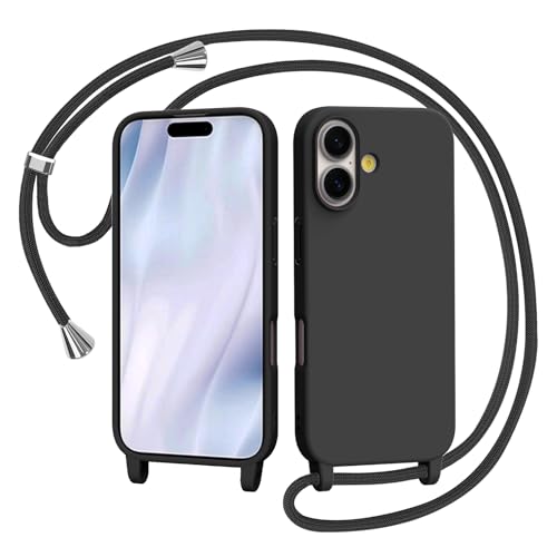 AOMYKE Coque pour iPhone 17 avec Cordon, Collier Étui Silicone Liquide avec Tour de Cou Lanière en Corde Souple TPU Antichoc Housse - Noir