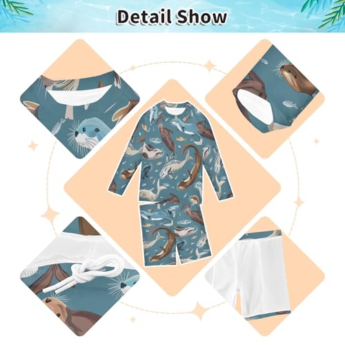 Otter and Fishes Boys Swimsuit Rash Guard Toddler Kids Long Sleeve Swim Shirt and Trunks Swimwear Set 3-10Y3