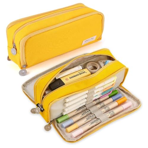 Image of Canvas School Bag Pencil Case, 3 Layer 6 Compartment Large Capacity, Aesthetic Pencil Pouch for Stationary, Cute Stationery for Kids, Pencil Case for Girls & Boys (Special Yellow)