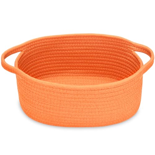 Image of ABenkle Small Basket with Handles, Boho Decorative Rope Woven Dog Cat Toy Storage Bin Shelf Storage Organizer, Easter Christmas Gift Basket, 12 inchx8 inchx5 inch