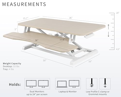 Image of VIVO 36 inch Desk Converter, K Series, Height Adjustable Sit to Stand Riser, Dual Monitor and Laptop Workstation with Wide Keyboard Tray, Light Wood Top, White Frame, DESK-V036KF