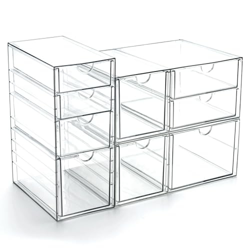 Image of Prsildan Acrylic Drawer Makeup Organizer with 9 Drawers, Set of 3 Office Desk Organizers Accessories, Clear Stackable Storage Drawers for Vanity, Countertop, Craft, Jewelry, Art Supply Organization