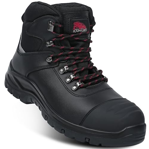 Mens Steel Toe Work Boots, Waterproof Puncture Resistant, Anti-Slip, Shock-Absorbing, Comfortable Heavy Duty Durable Leather Industrial Construction Safety Boots
