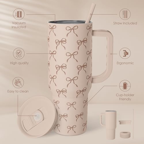 Image of SANDJEST Bow Tumbler with Handle and Straw 40oz - Stainless Sleel Slider Tumbler Travel Coffee Mug for Women - Gift Idea for Birthday Christmas