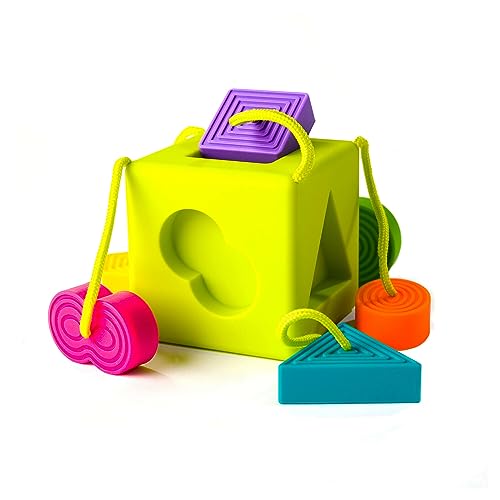 Image of Fat Brain Toys OombeeCube, Toddler and Baby Toys 10 Months and Up, Travel-Friendly Shape Sorter with Tethered Shapes for Early Learning