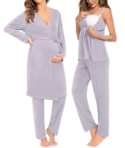 Image of SWOMOG Maternity Nursing Robe Set 3 Piece Breastfeeding Pajamas 3 in 1 Labor Delivery Sleevless Tops&Long Pants Pregnancy Pjs
