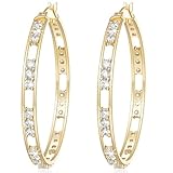 Aretes de aro de oro de 14 quilates con diamantes para mujer, aretes de oro brillante de 14 quilates para mujer, aretes de aro de circonita cúbica, 42 mm x 4 mm, 42mm*4mm, Oro K, Circonia cúbica
